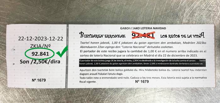 92.841 da Mendaroko garagardo feriako Gabonetako loteriaren zenbakia