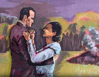 'Tasio' filmean oinarrituta herriko bi artista egiten ari diren horma-irudia ezagutu du Patxi Bisquertek