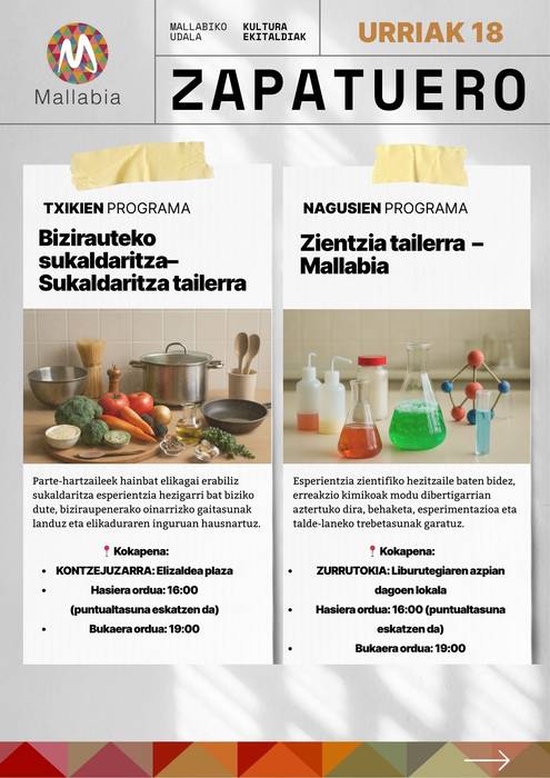 ZAPATUERO: Sukaldaritza txikientzat + Zientzia tailerra nagusientzat