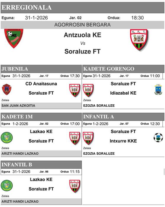 Soraren asteburuko partiduak