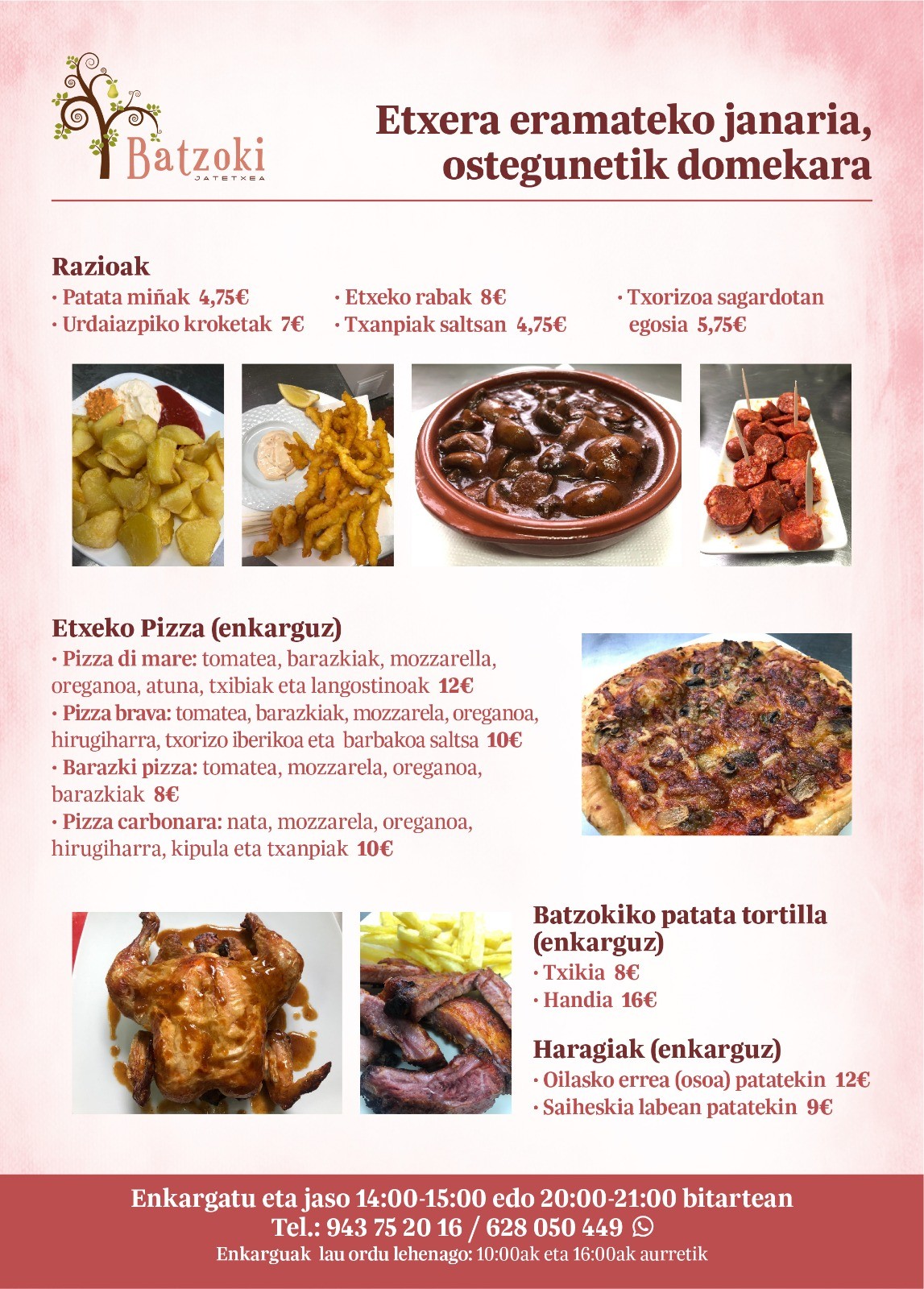 Batzoki jatetxeak etxera eroateko janari-zerbitzua jarri du martxan