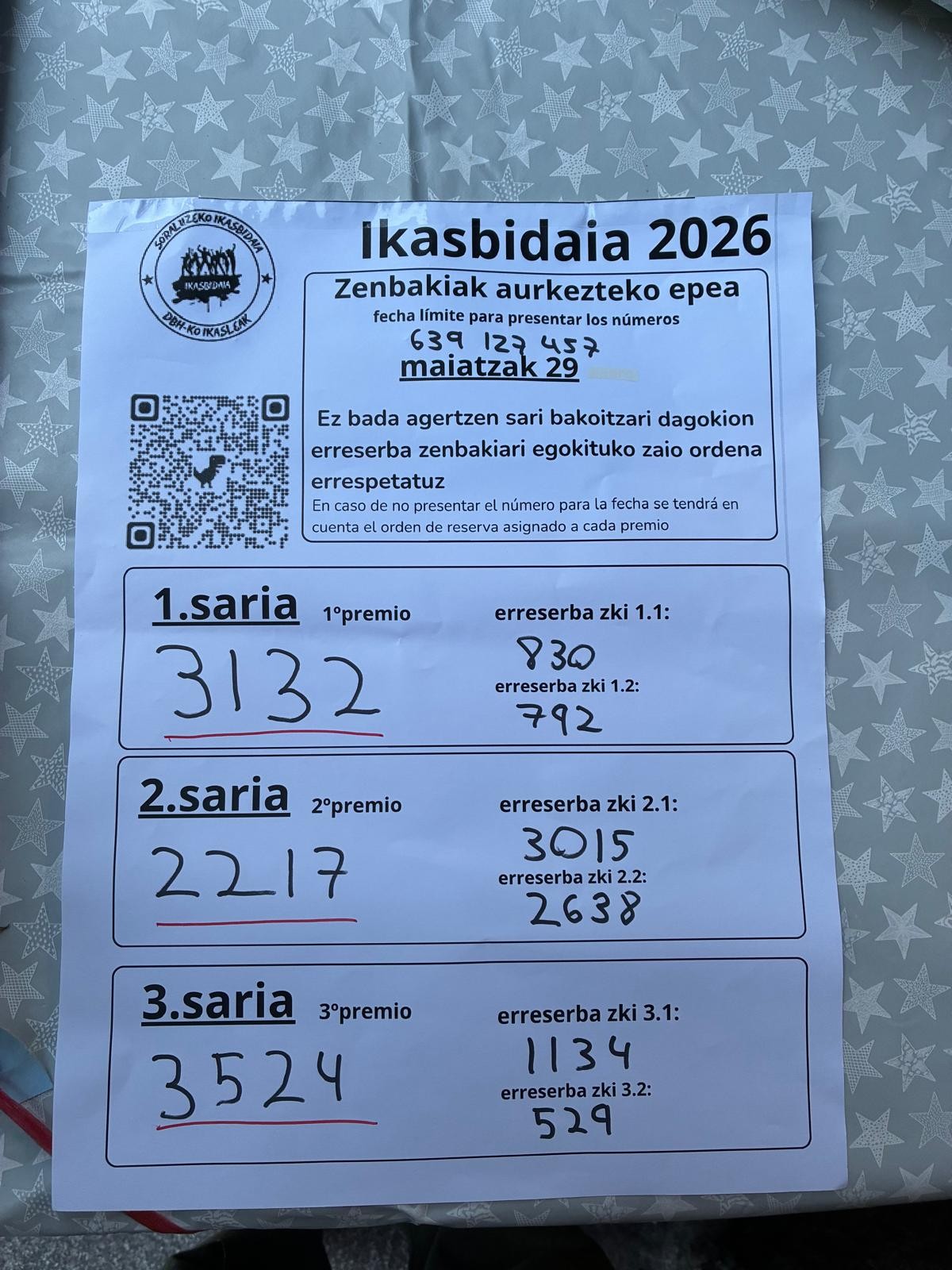Ikasbidaiako zozketaren zenbaki irabazleak