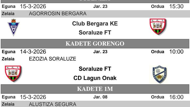 Soraren asteburuko partiduak